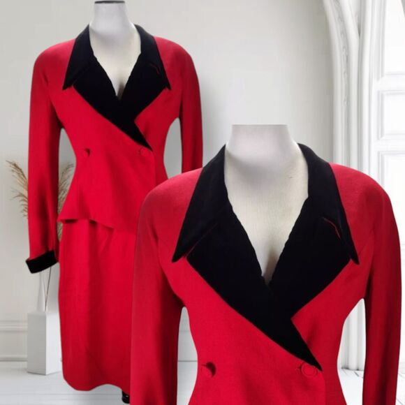 Vintage Bicci Florine Wachter Power Skirt Suit Size 10 Wool Crepe Velvet Trim